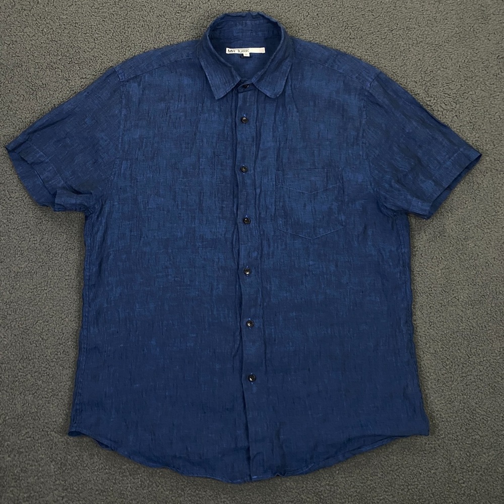 Mr Turk 100% Linen Shirt Mens Large Slim Fit Blue Button Up Short Sleeve Resort